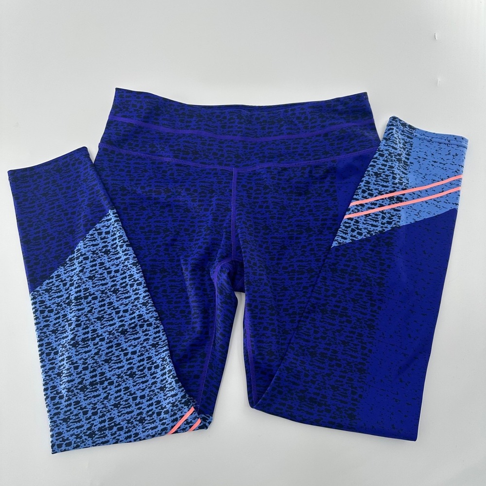 Athleta Women's Blue Animal Print Leggings with Pink Stripes - Size M